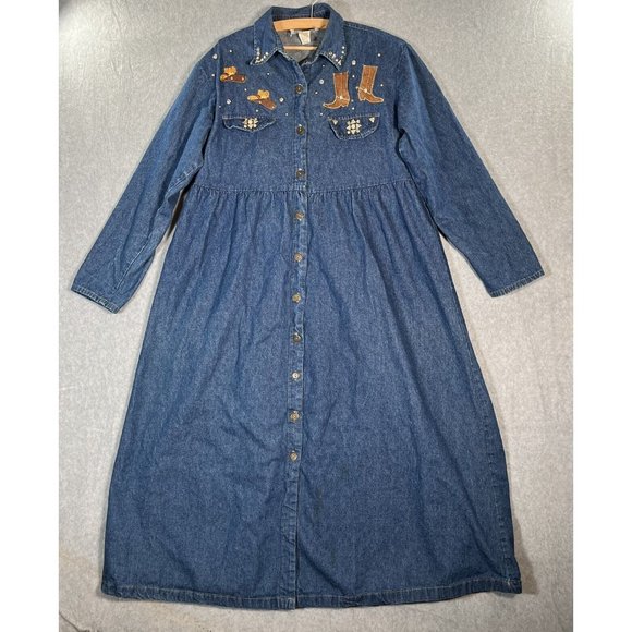 Denim maxi Dress Womens 14 Full Button Front Western Studded Cowboy Boots Hat - Picture 1 of 15